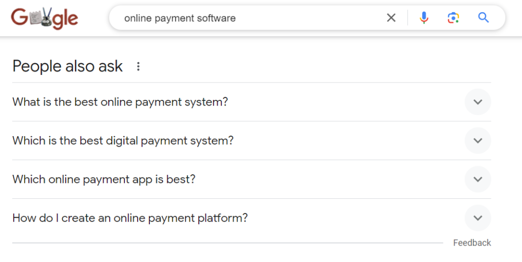 Google's 'People Also Ask' results for "online payment software"