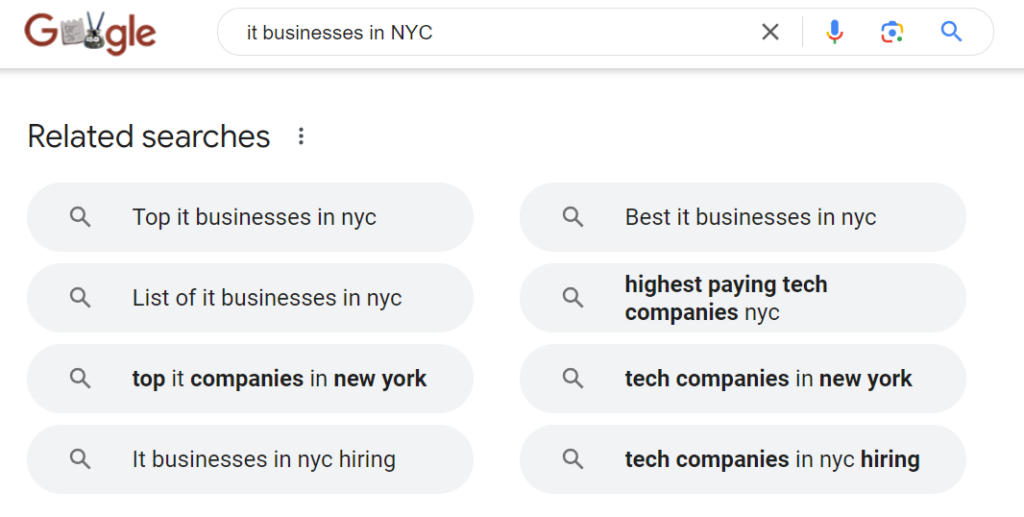 Google's 'Related searches' for "it businesses in NYC"