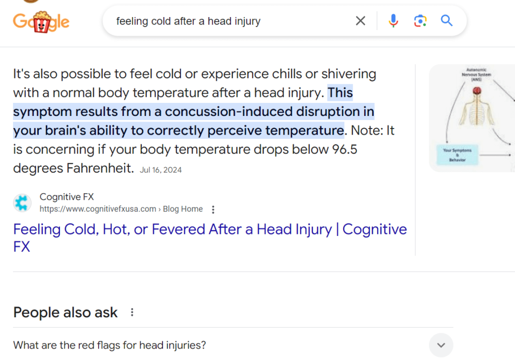 Feeling cold after a head injury