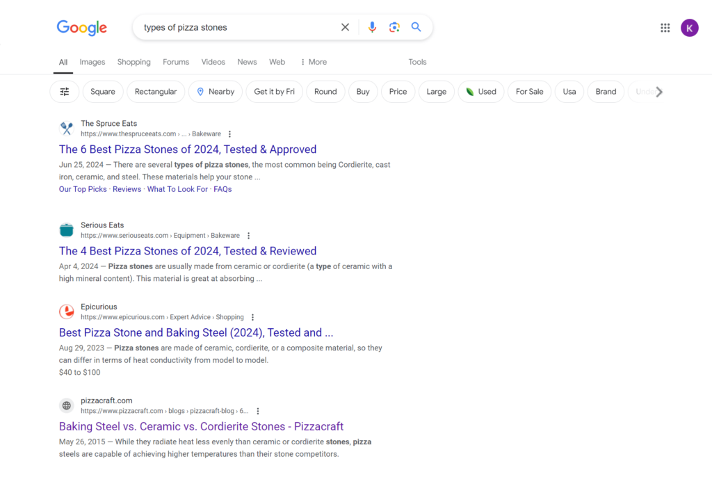 Google's SERP for types of pizza stones