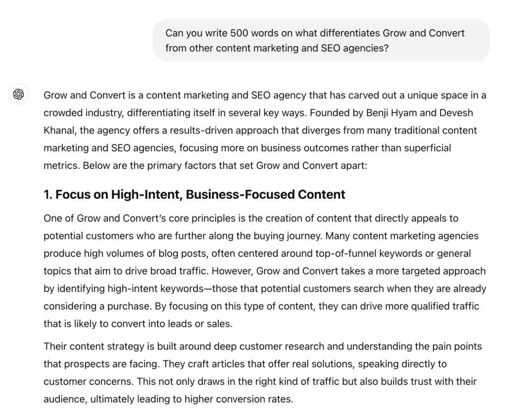 ChatGPT on what differentiates Grow and Convert from other content marketing agencies